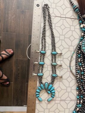 Turquoise Double-Strand Squash Blossom Necklace - Blue Silver Accent